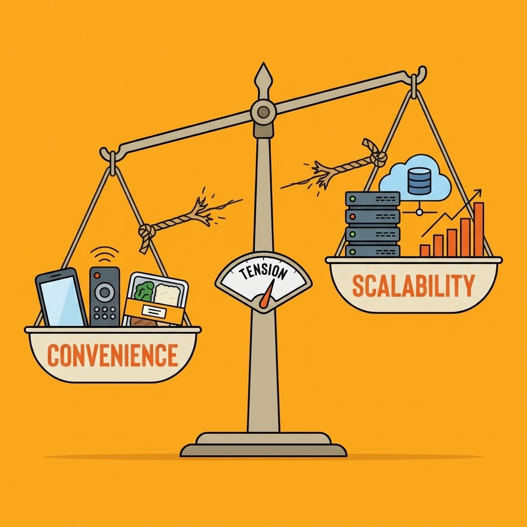 Balance scale showing convenience on one side and scalability on the other